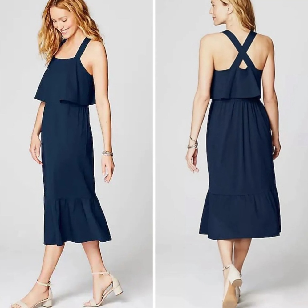 J. Jill Tiered Cross-Strap Knit Dress Black Midi Ponte